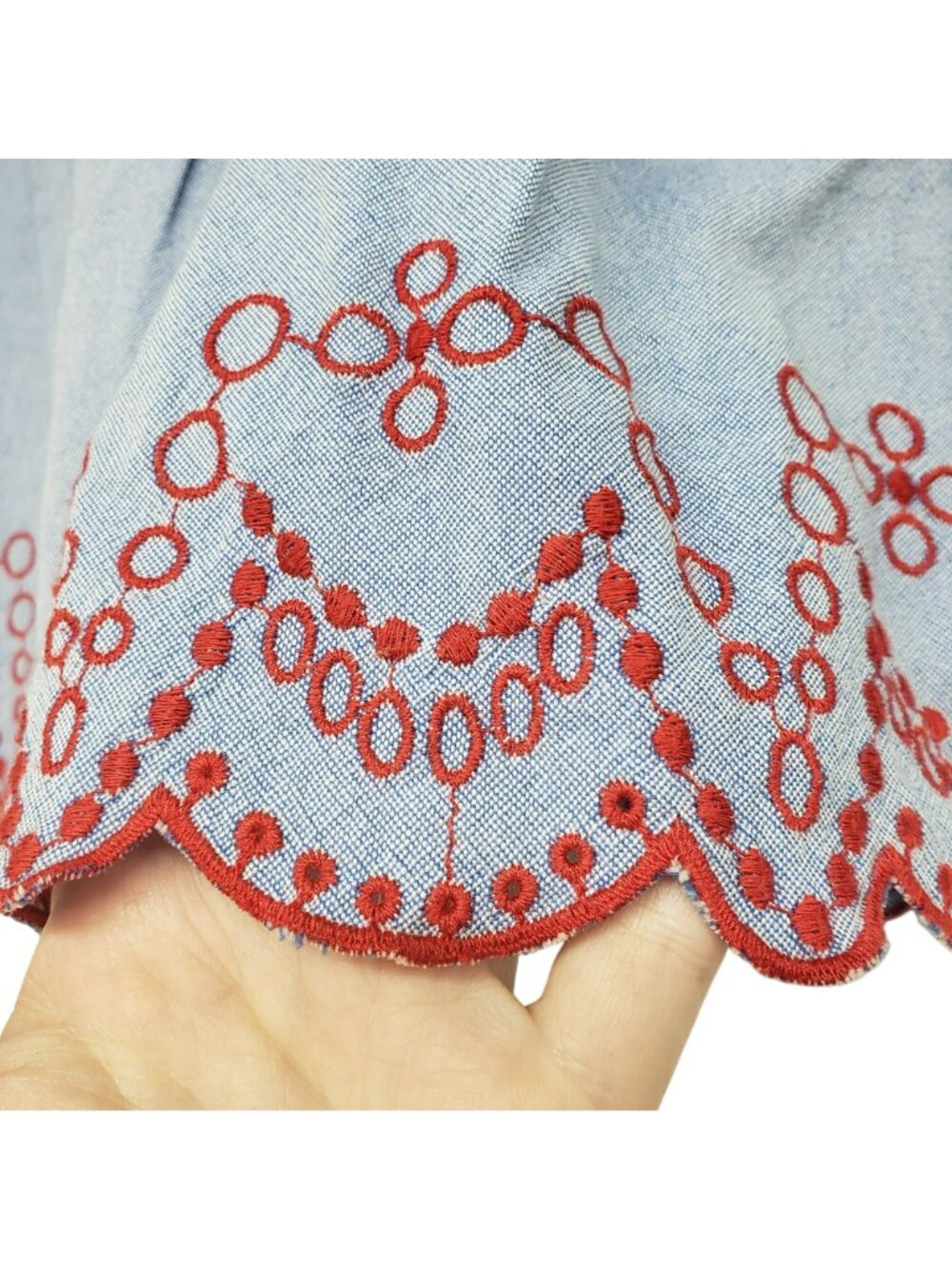 Vineyard Vines Blue Red Embroidered A Line Mini Skirt Chambray Flounce Pull On - Picture 7 of 9